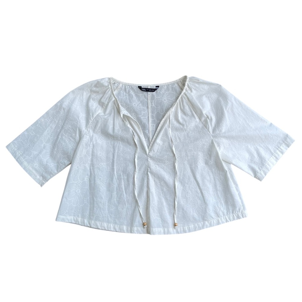 🤍 ZARA Women's White Floral Embroidered Cotton Cropped Blouse SZ S Bohochic